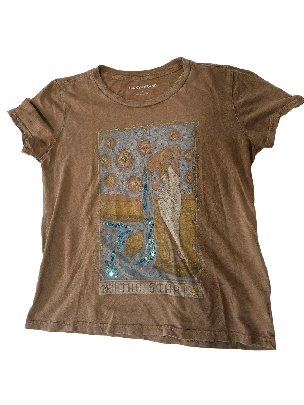 Lucky Brand Brown Graphic Tee with Blue Sequin Accents S